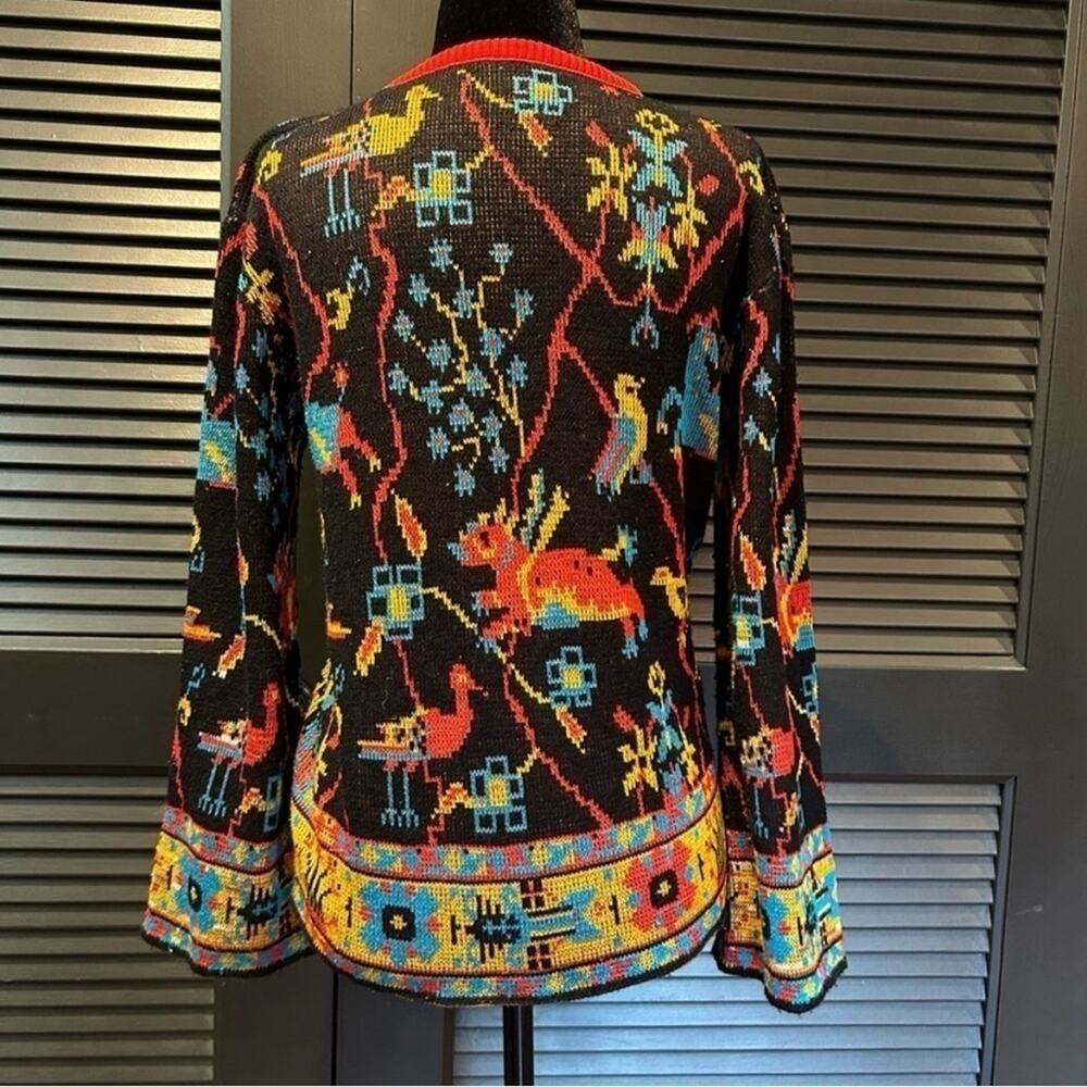 Vintage Boho Sweater, Colorful Plants & Animals on a Black Background, Size S/M - Picture 9 of 11